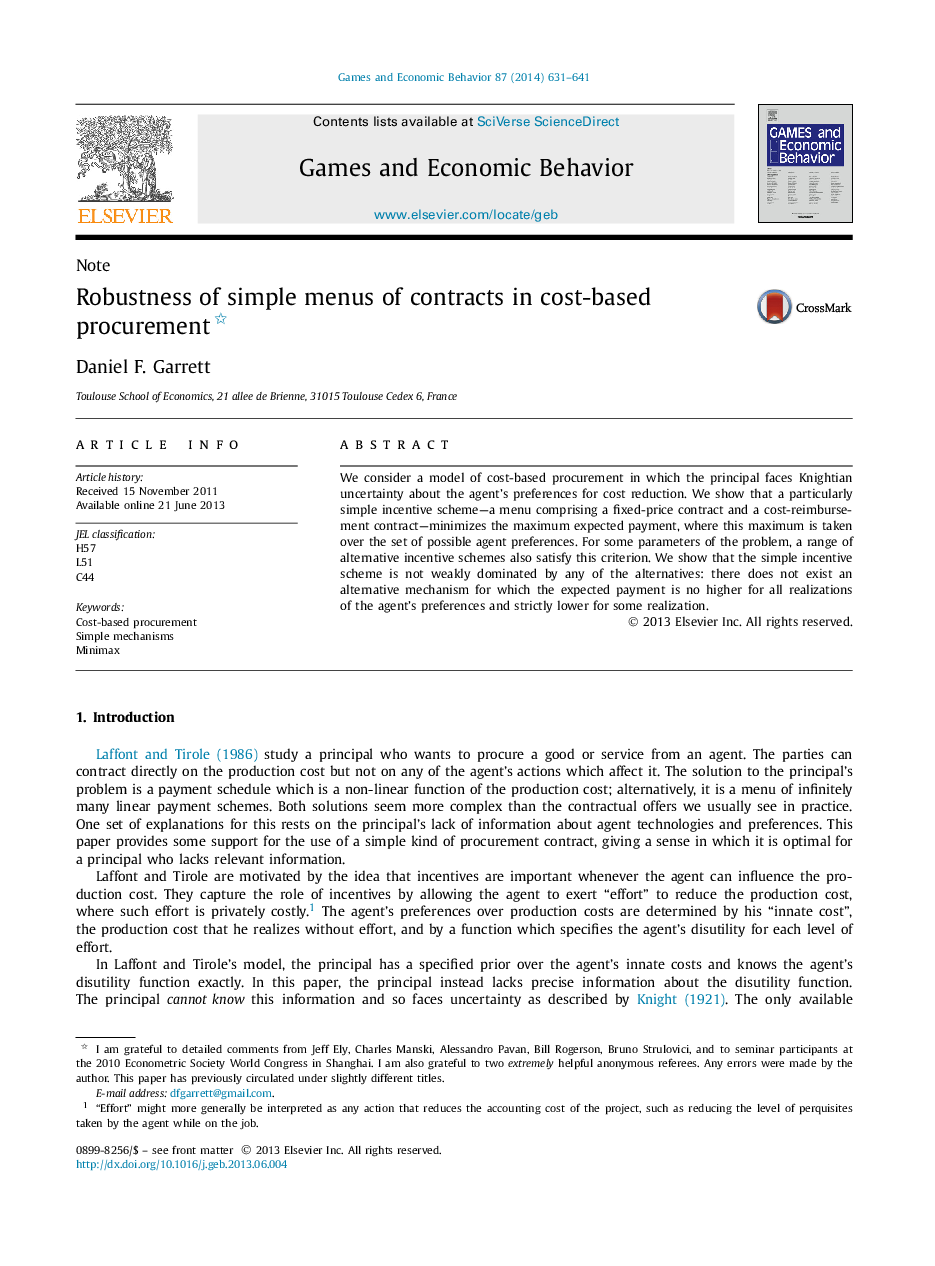 NoteRobustness of simple menus of contracts in cost-based procurement