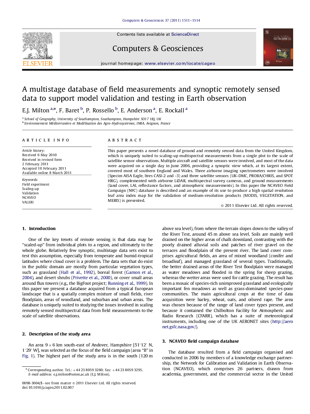 A multistage database of field measurements and synoptic remotely sensed data to support model validation and testing in Earth observation