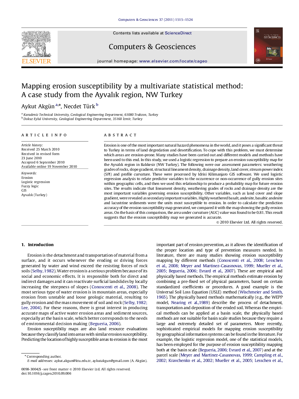 Mapping erosion susceptibility by a multivariate statistical method: A case study from the Ayvalık region, NW Turkey