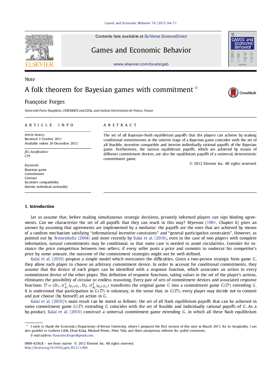 A folk theorem for Bayesian games with commitment