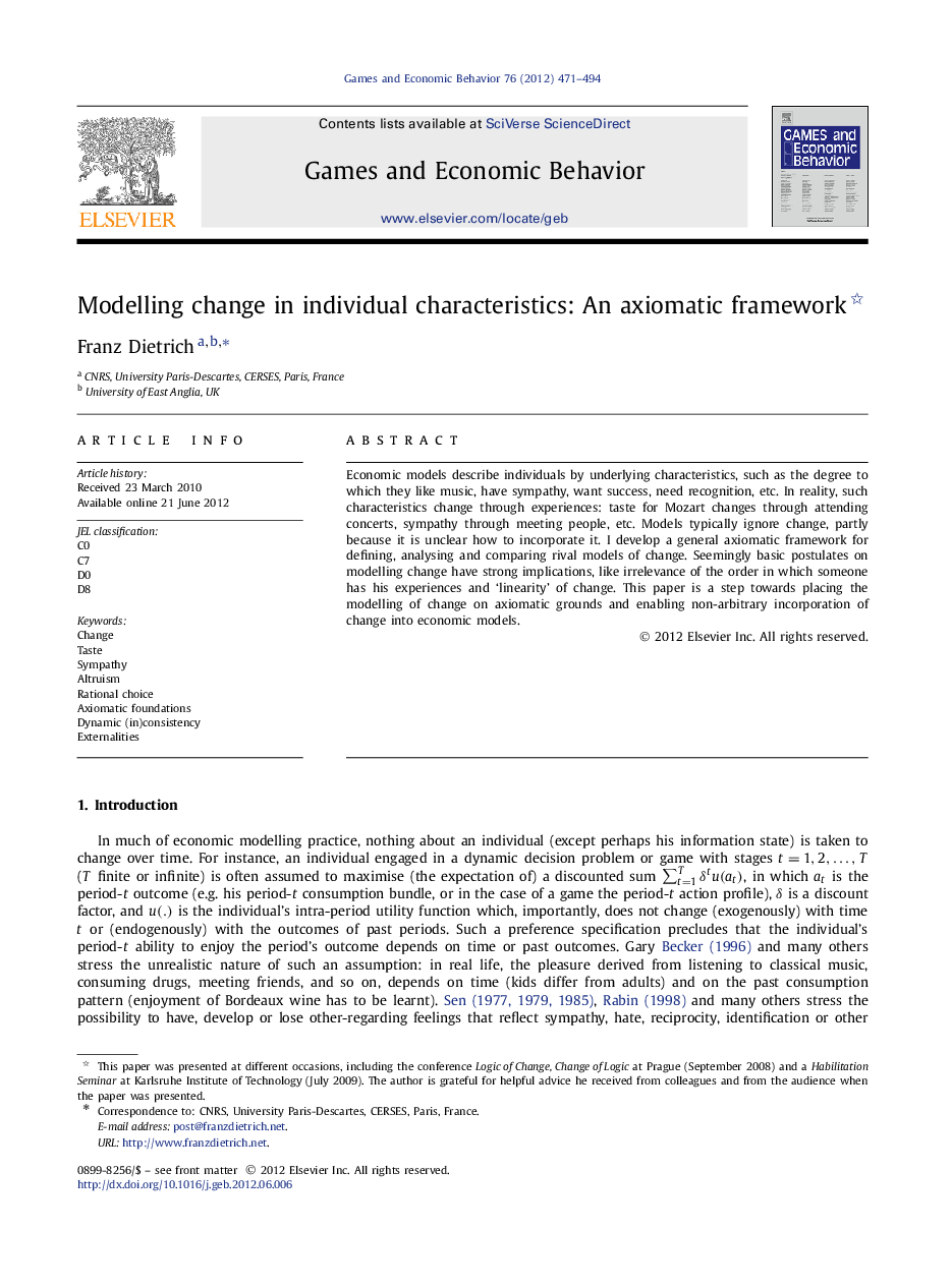 Modelling change in individual characteristics: An axiomatic framework