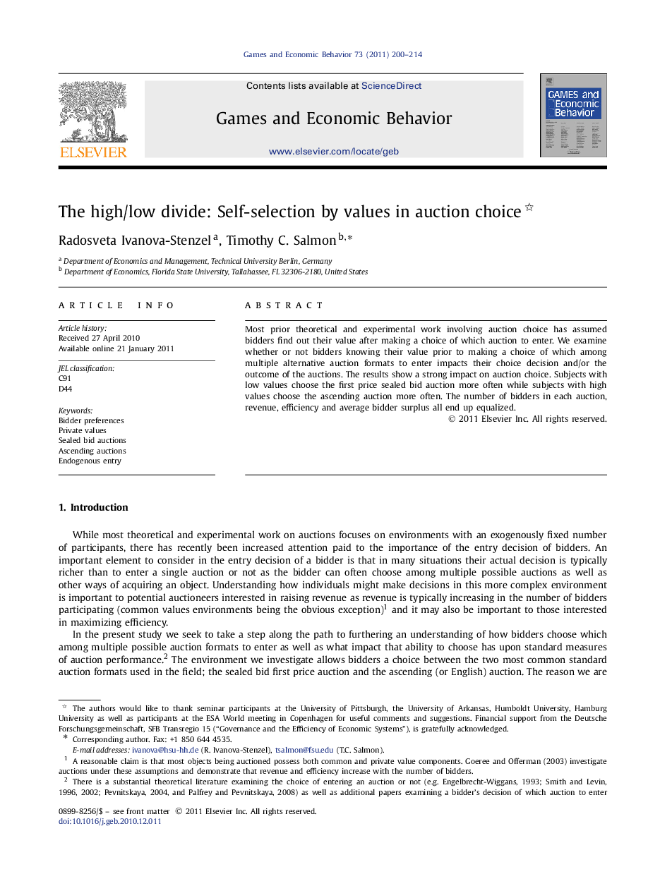 The high/low divide: Self-selection by values in auction choice