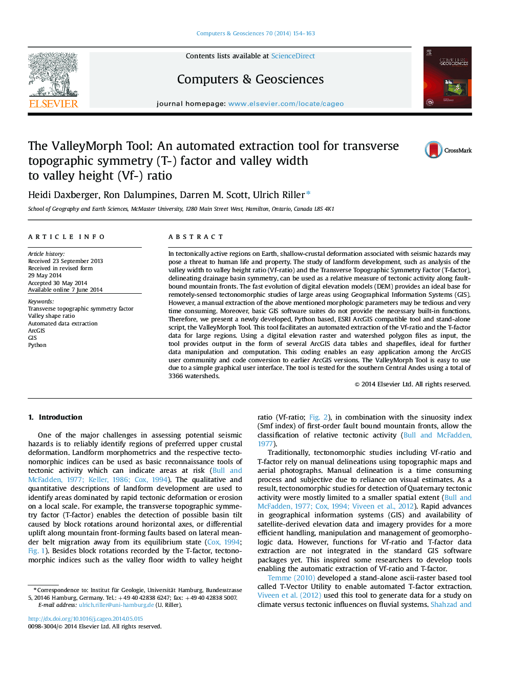 The ValleyMorph Tool: An automated extraction tool for transverse topographic symmetry (T-) factor and valley width to valley height (Vf-) ratio