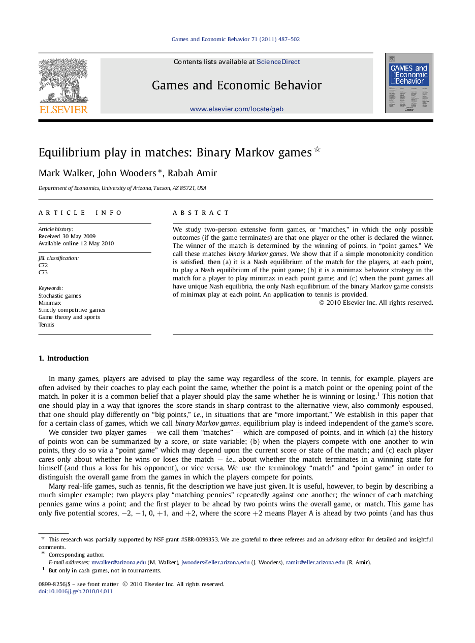 Equilibrium play in matches: Binary Markov games