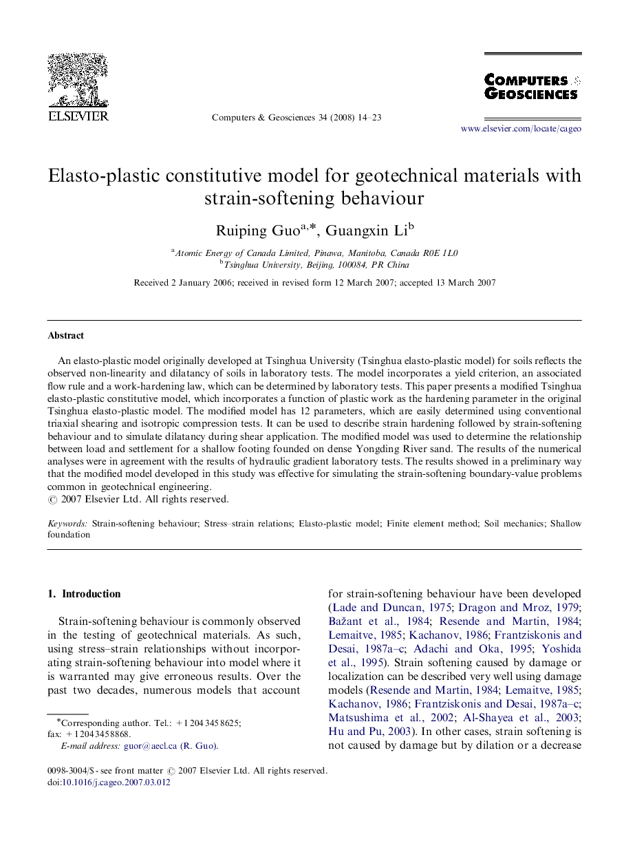 Elasto-plastic constitutive model for geotechnical materials with strain-softening behaviour