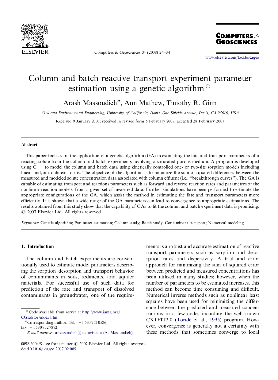 Column and batch reactive transport experiment parameter estimation using a genetic algorithm 