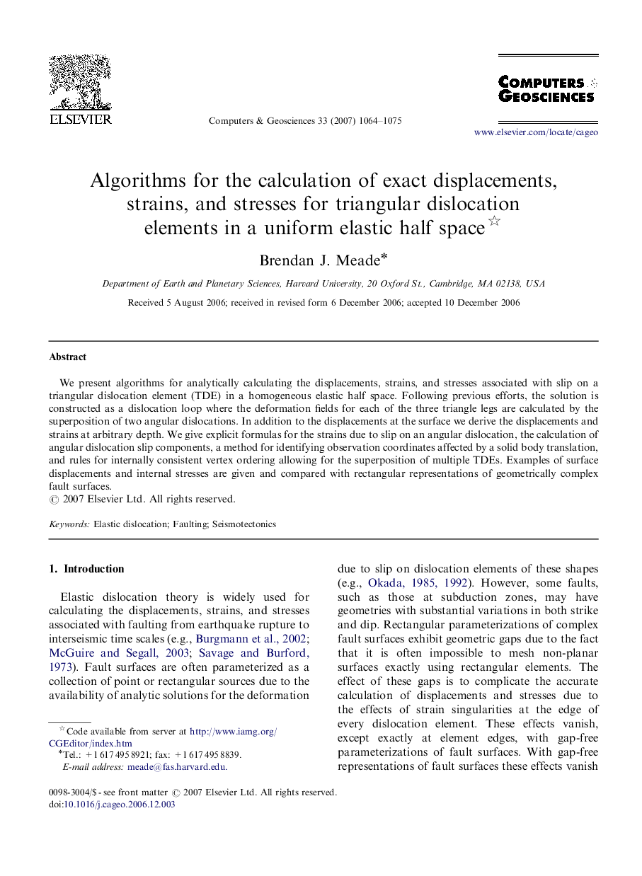 Algorithms for the calculation of exact displacements, strains, and stresses for triangular dislocation elements in a uniform elastic half space 