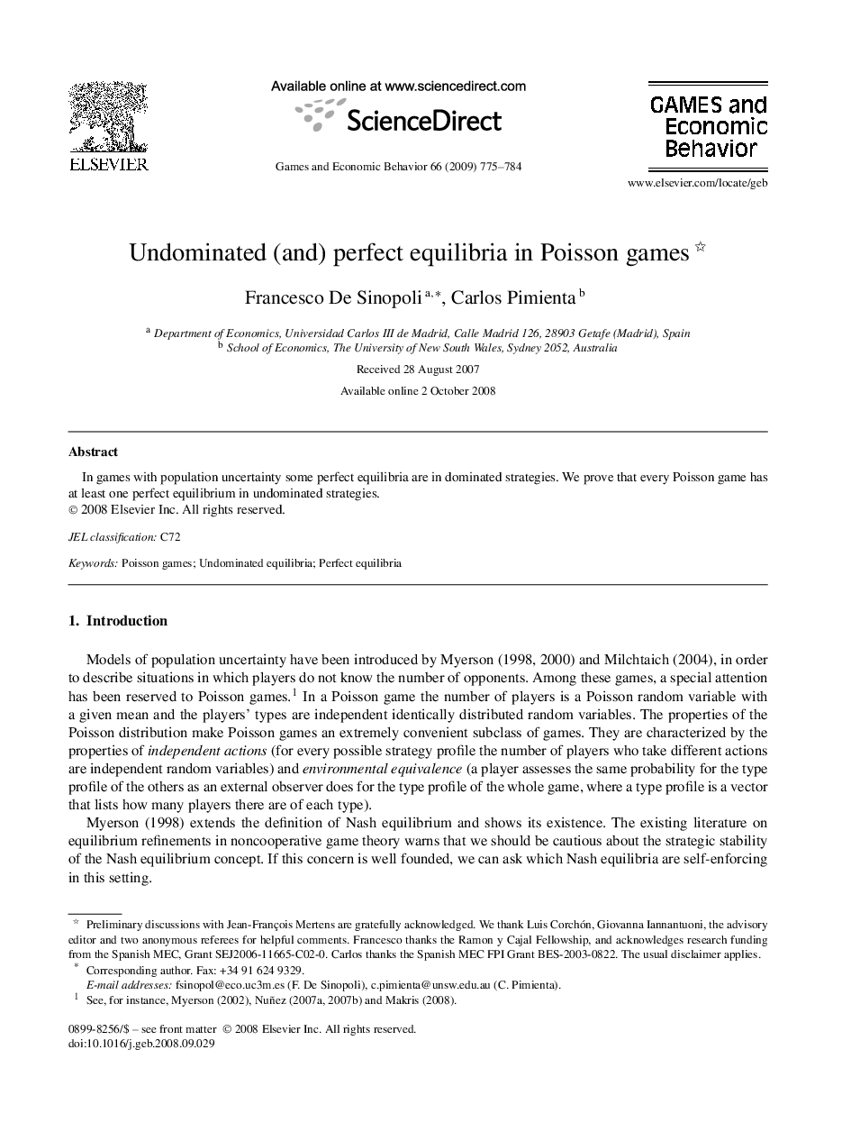 Undominated (and) perfect equilibria in Poisson games