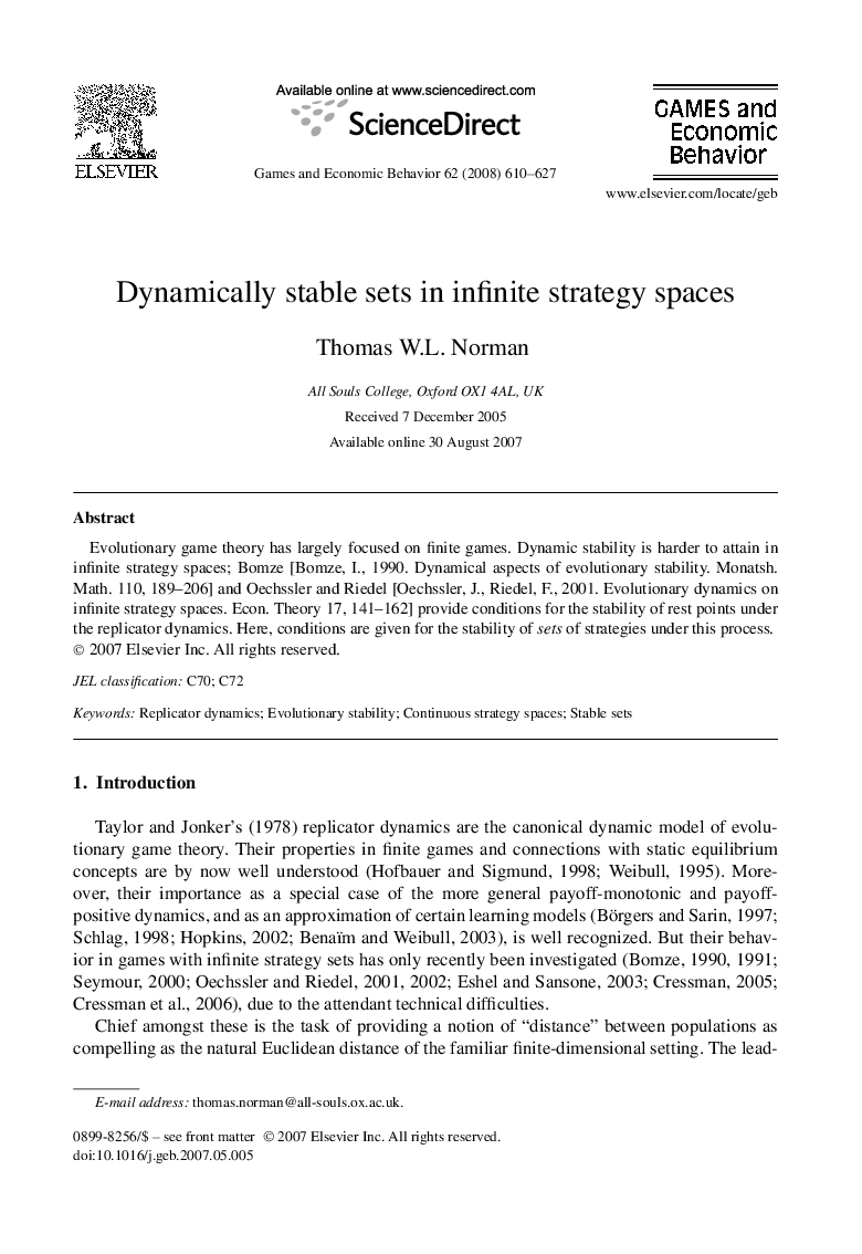 Dynamically stable sets in infinite strategy spaces