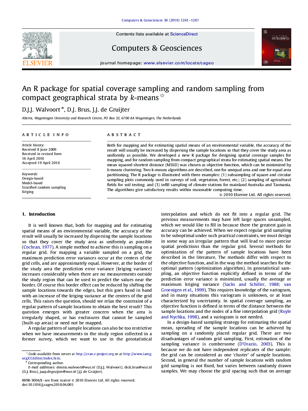 An R package for spatial coverage sampling and random sampling from compact geographical strata by k-means 