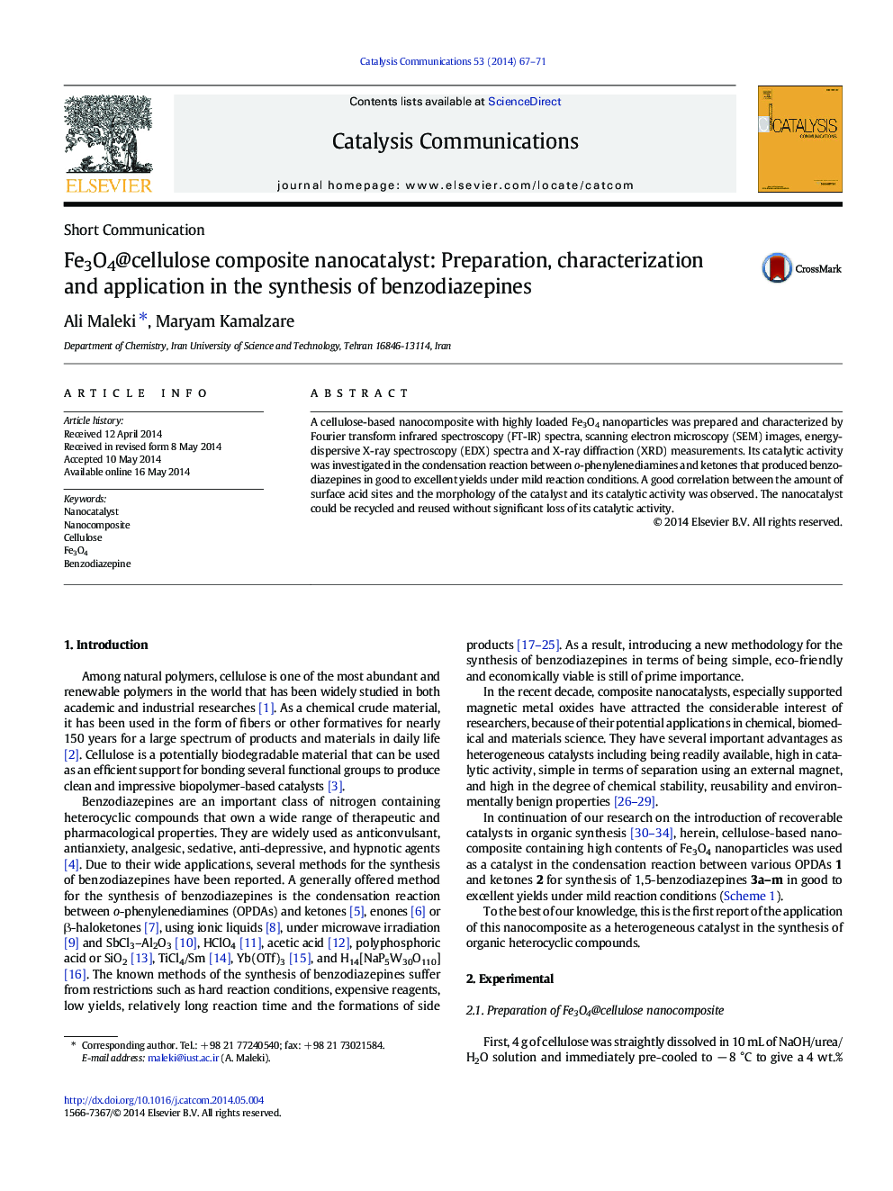 Fe3O4@cellulose composite nanocatalyst: Preparation, characterization and application in the synthesis of benzodiazepines