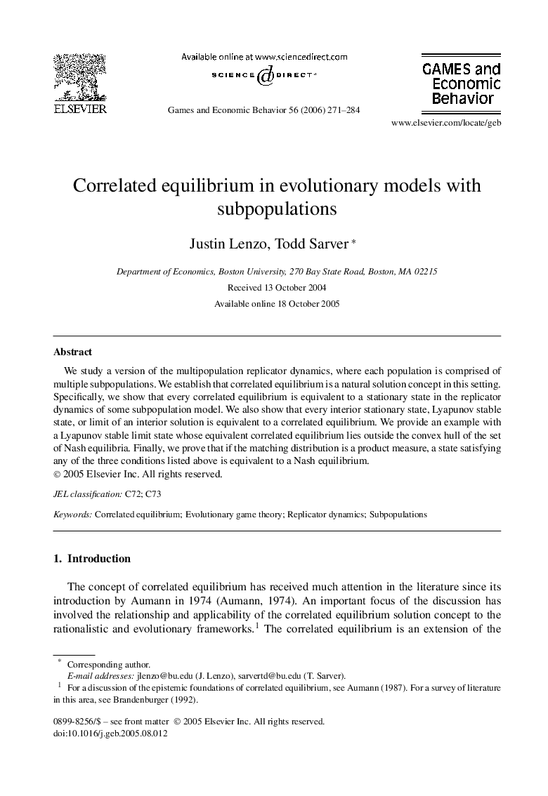 Correlated equilibrium in evolutionary models with subpopulations