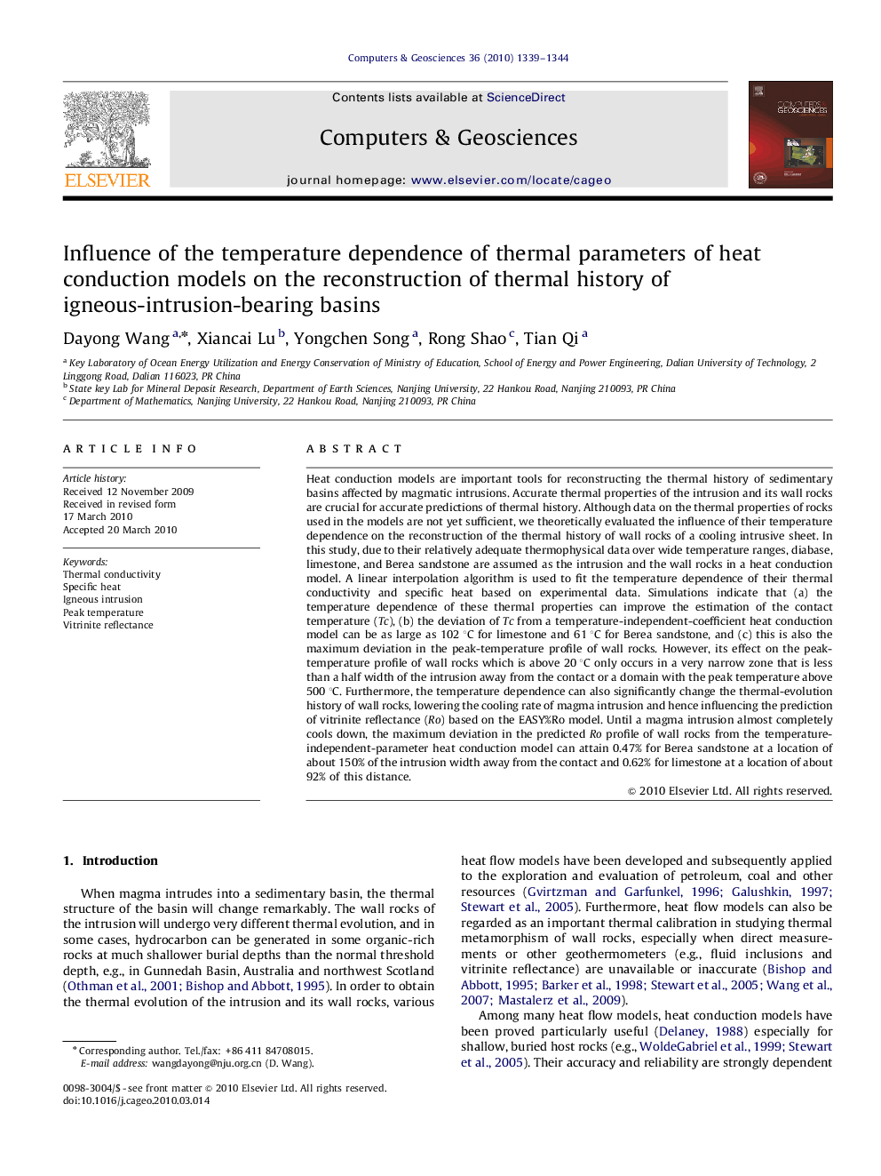 Influence of the temperature dependence of thermal parameters of heat conduction models on the reconstruction of thermal history of igneous-intrusion-bearing basins