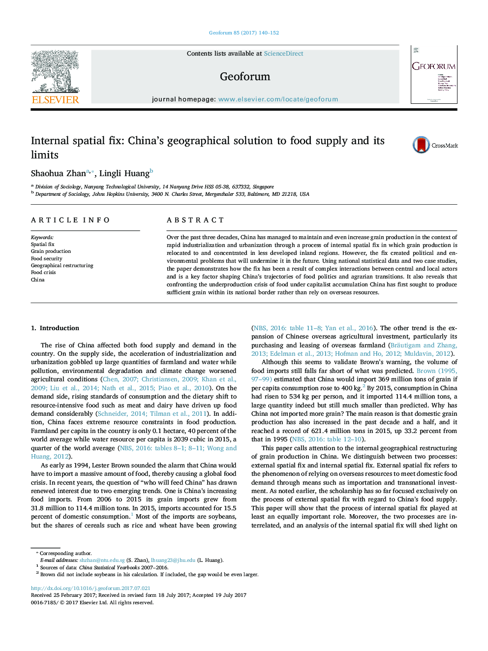 Internal spatial fix: China's geographical solution to food supply and its limits