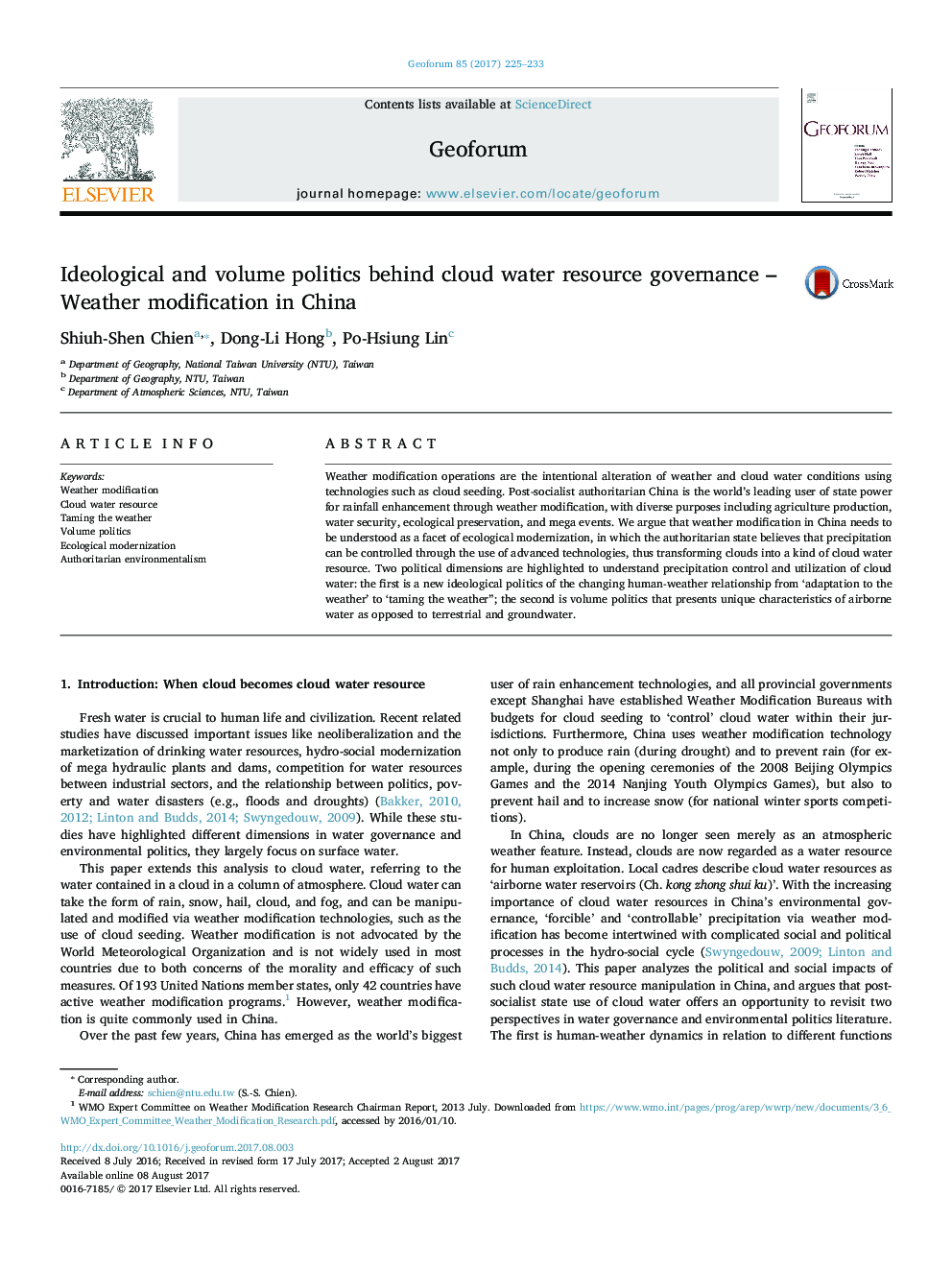 Ideological and volume politics behind cloud water resource governance - Weather modification in China