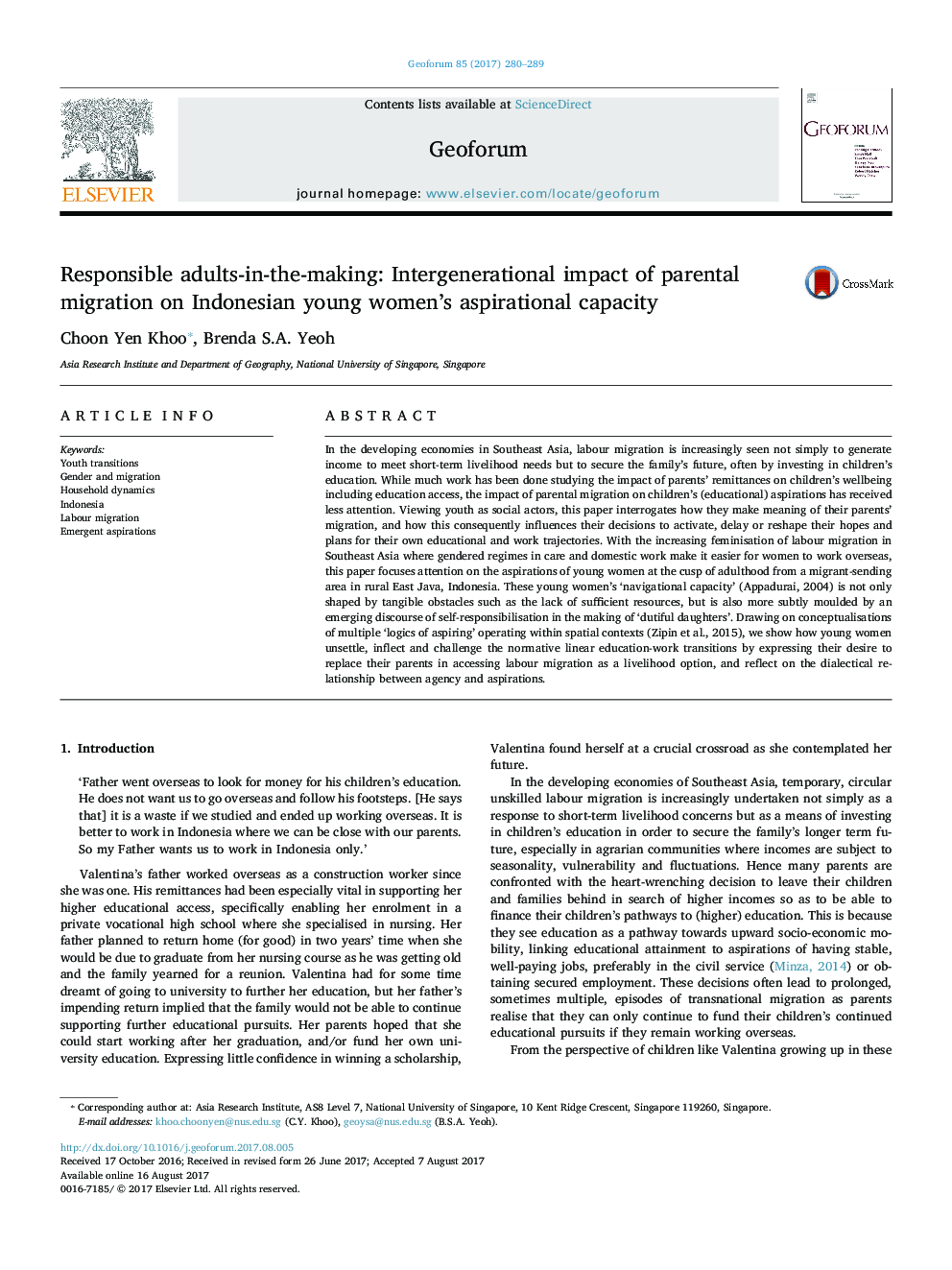 Responsible adults-in-the-making: Intergenerational impact of parental migration on Indonesian young women's aspirational capacity