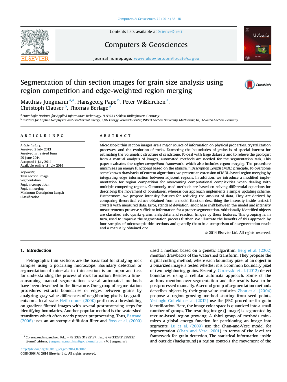 Segmentation of thin section images for grain size analysis using region competition and edge-weighted region merging