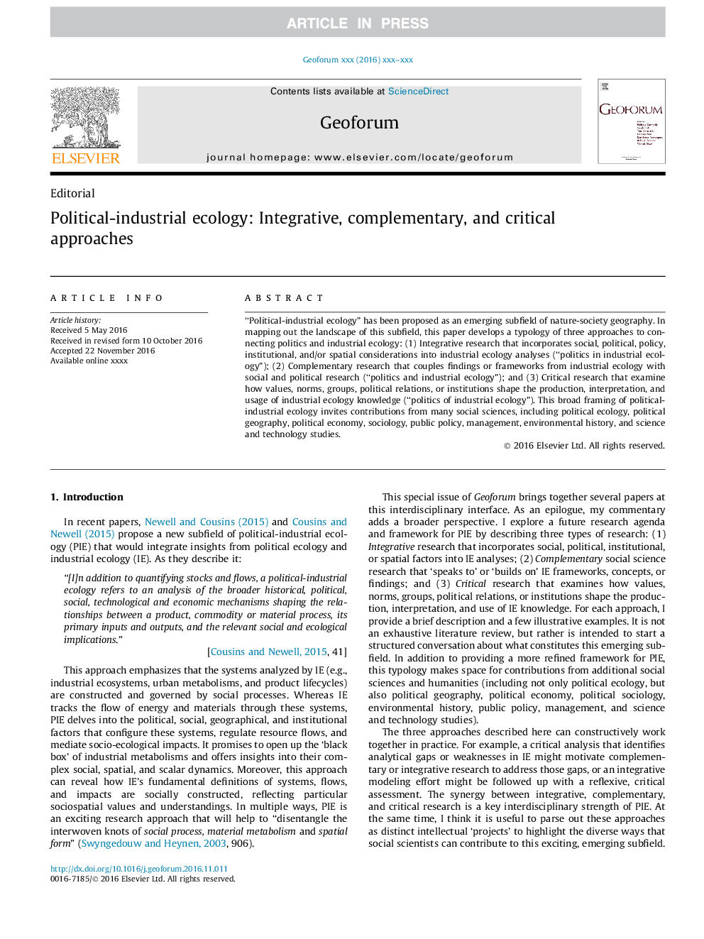 Political-industrial ecology: Integrative, complementary, and critical approaches