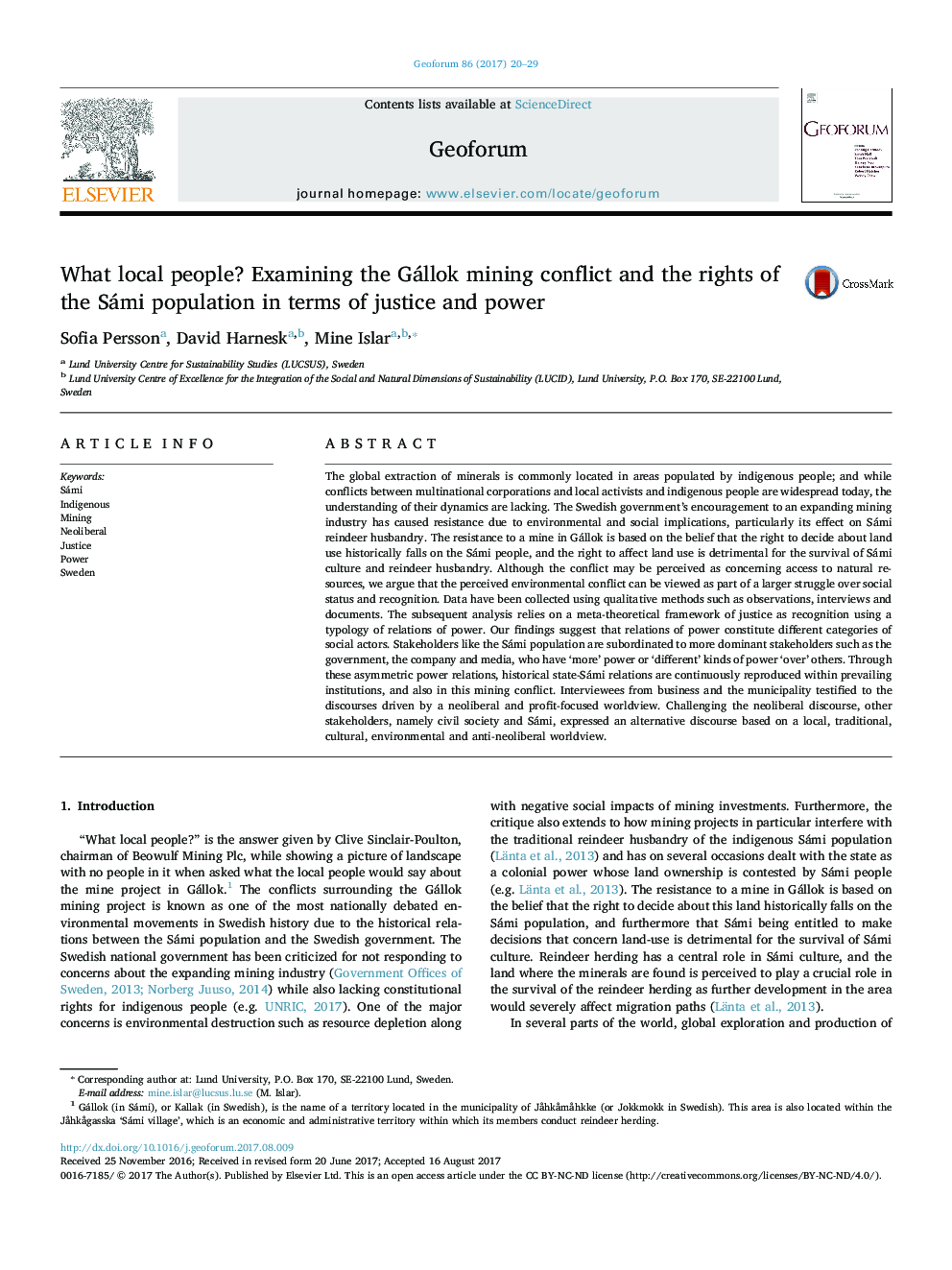 What local people? Examining the Gállok mining conflict and the rights of the Sámi population in terms of justice and power