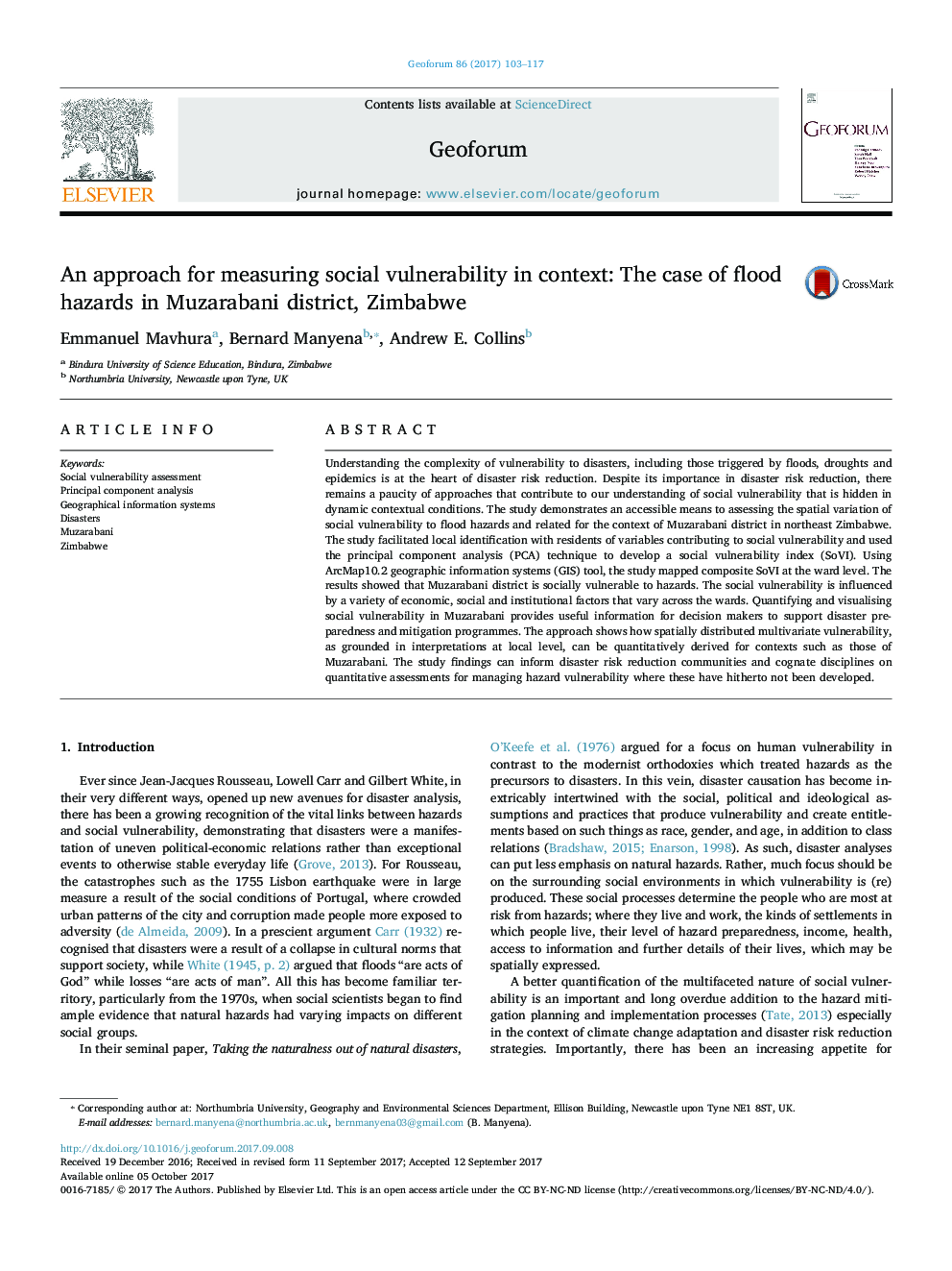 An approach for measuring social vulnerability in context: The case of flood hazards in Muzarabani district, Zimbabwe