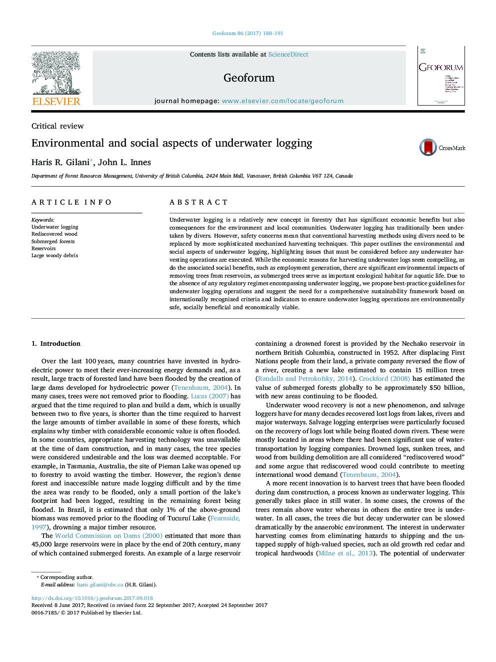 Critical reviewEnvironmental and social aspects of underwater logging