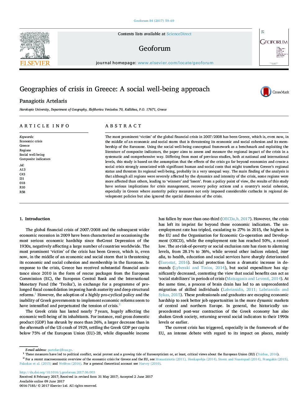 Geographies of crisis in Greece: A social well-being approach