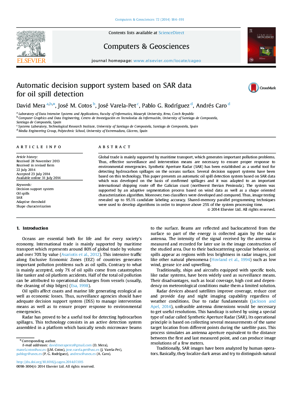 Automatic decision support system based on SAR data for oil spill detection