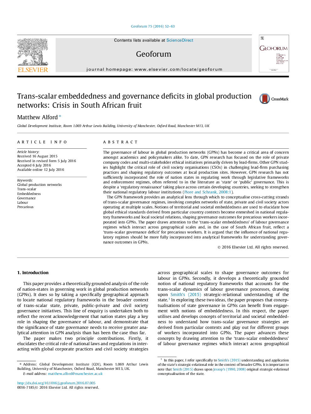 Trans-scalar embeddedness and governance deficits in global production networks: Crisis in South African fruit