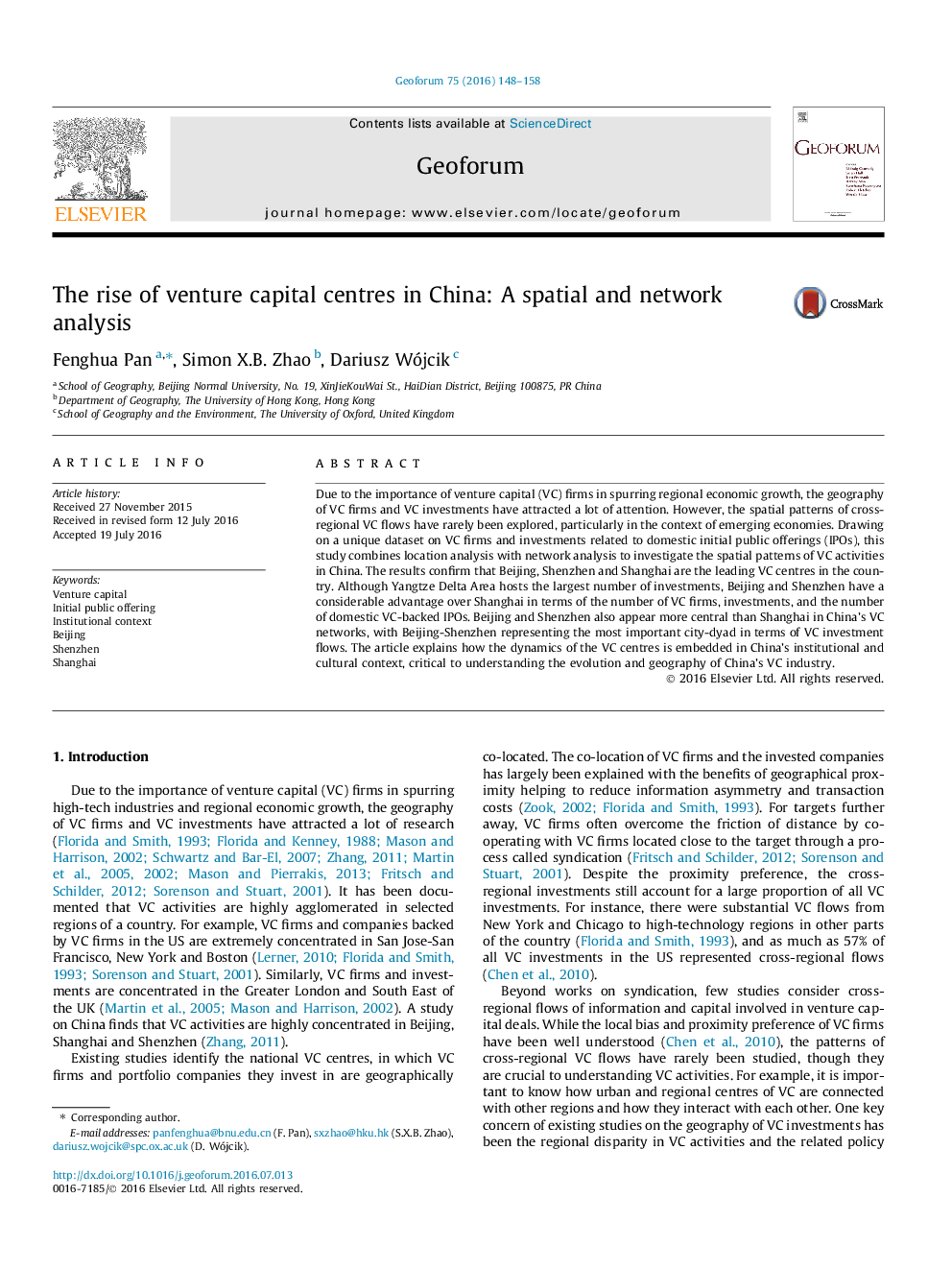 The rise of venture capital centres in China: A spatial and network analysis