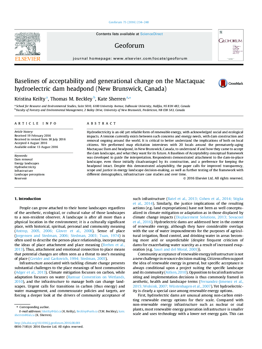 Baselines of acceptability and generational change on the Mactaquac hydroelectric dam headpond (New Brunswick, Canada)