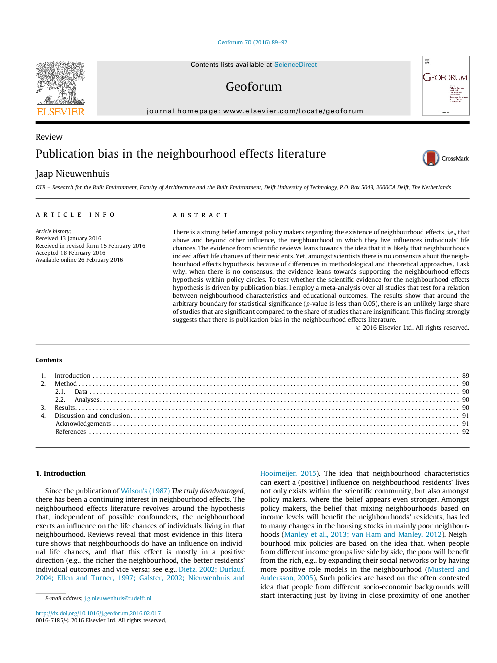 Publication bias in the neighbourhood effects literature