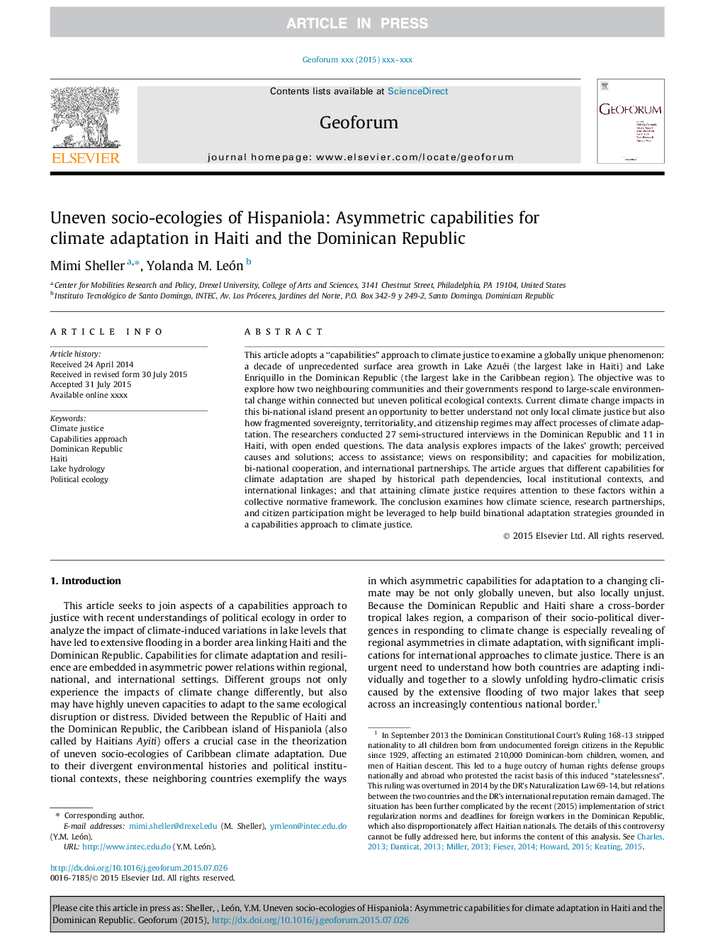 Uneven socio-ecologies of Hispaniola: Asymmetric capabilities for climate adaptation in Haiti and the Dominican Republic