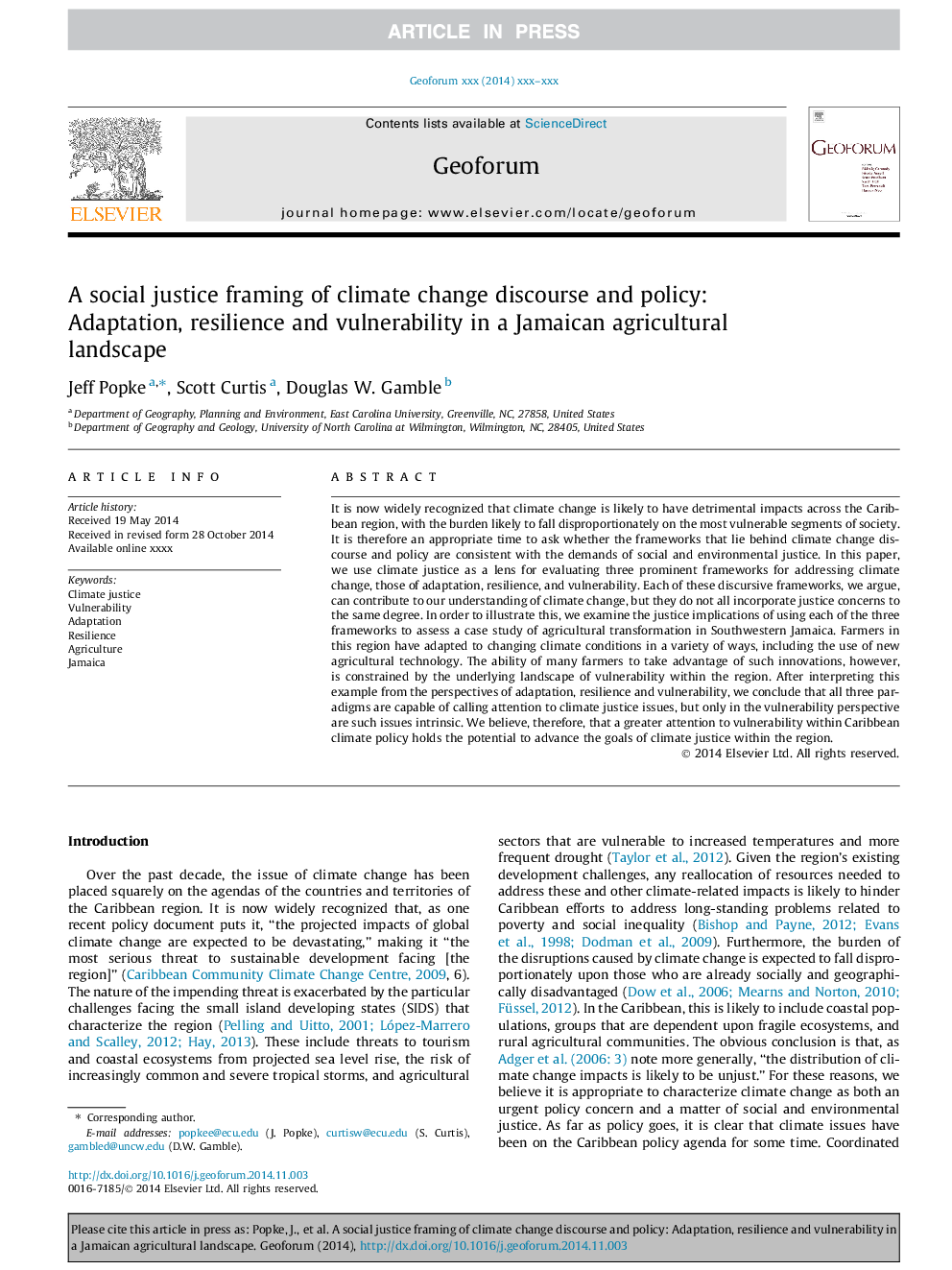 A social justice framing of climate change discourse and policy: Adaptation, resilience and vulnerability in a Jamaican agricultural landscape