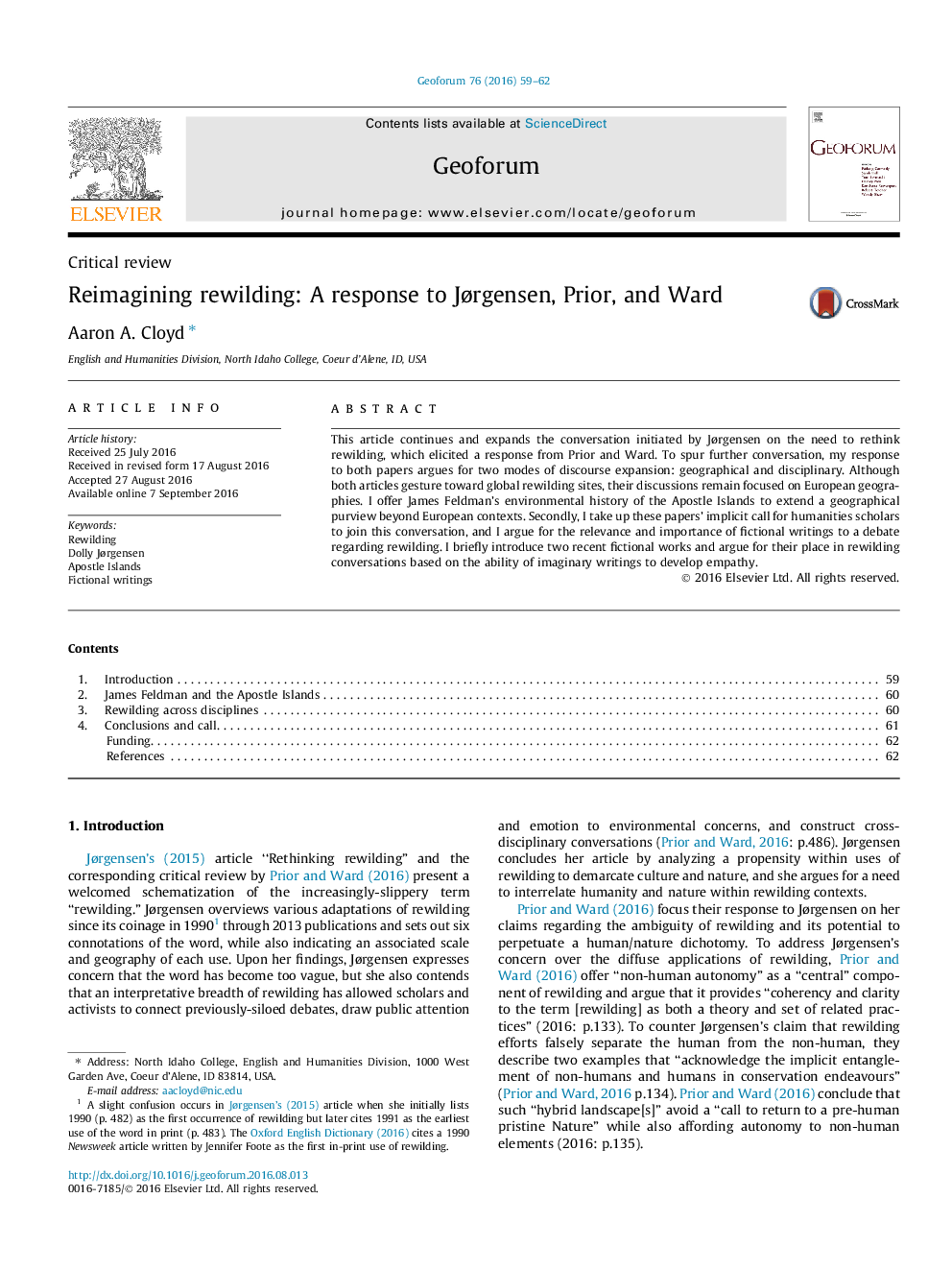 Critical reviewReimagining rewilding: A response to JÃ¸rgensen, Prior, and Ward