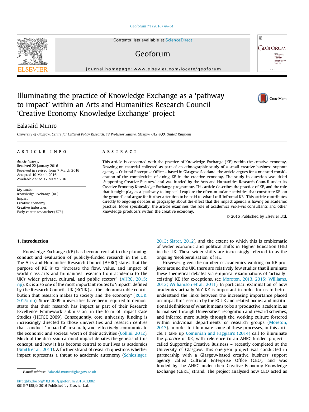 Illuminating the practice of Knowledge Exchange as a 'pathway to impact' within an Arts and Humanities Research Council 'Creative Economy Knowledge Exchange' project