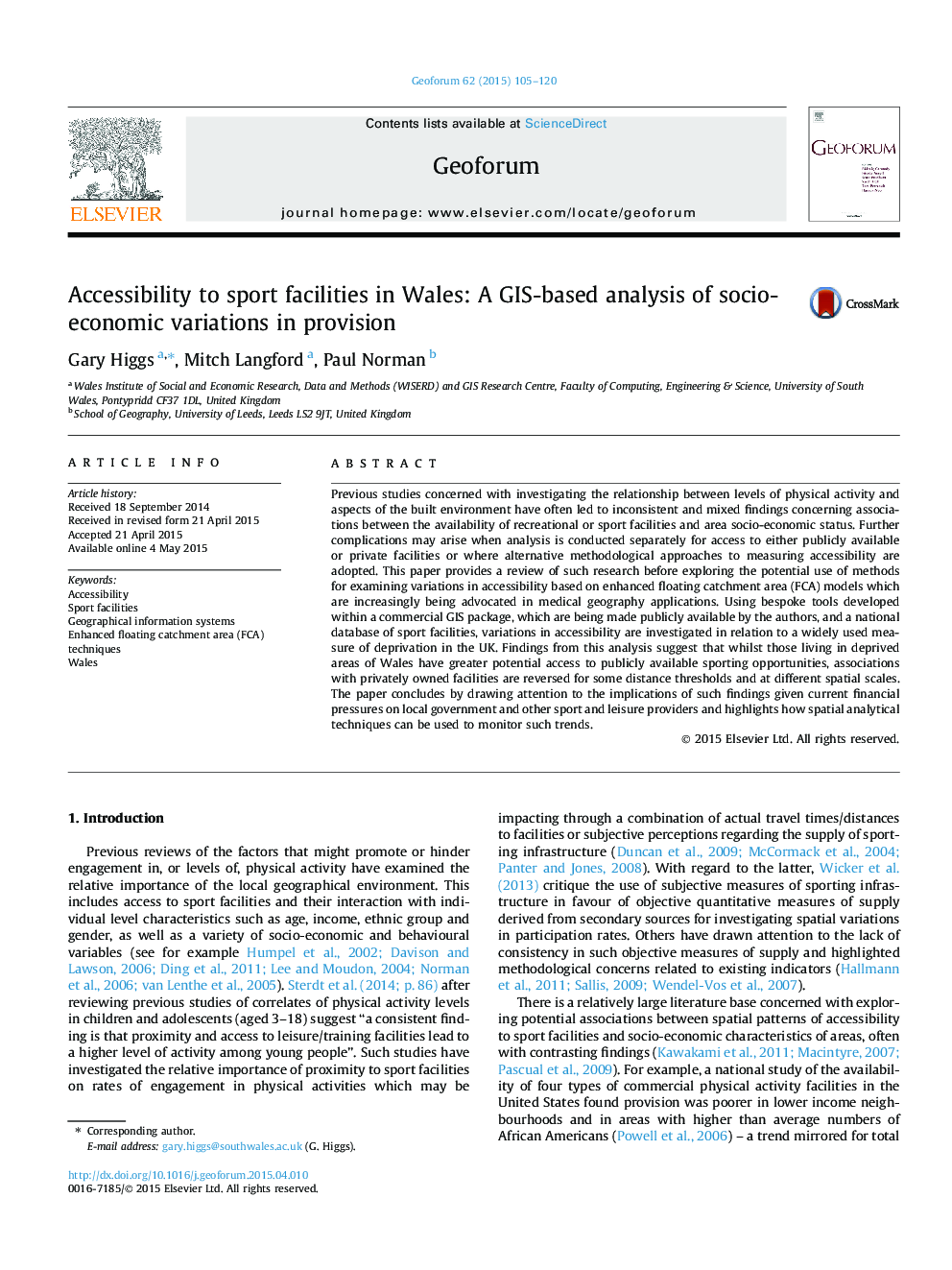 Accessibility to sport facilities in Wales: A GIS-based analysis of socio-economic variations in provision