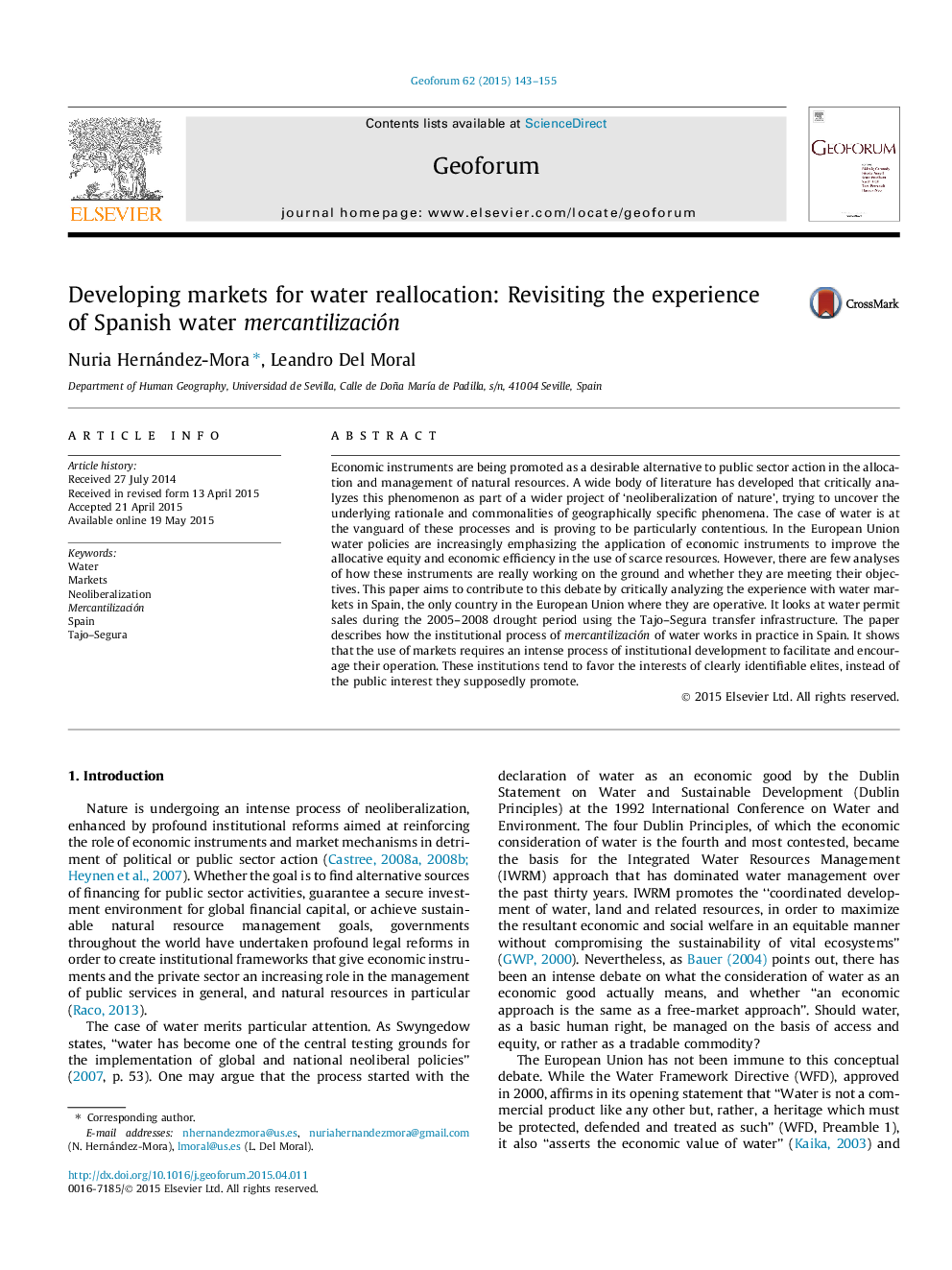 Developing markets for water reallocation: Revisiting the experience of Spanish water mercantilización