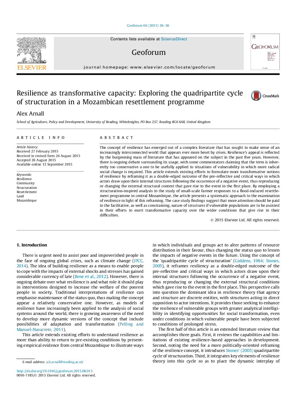 Resilience as transformative capacity: Exploring the quadripartite cycle of structuration in a Mozambican resettlement programme