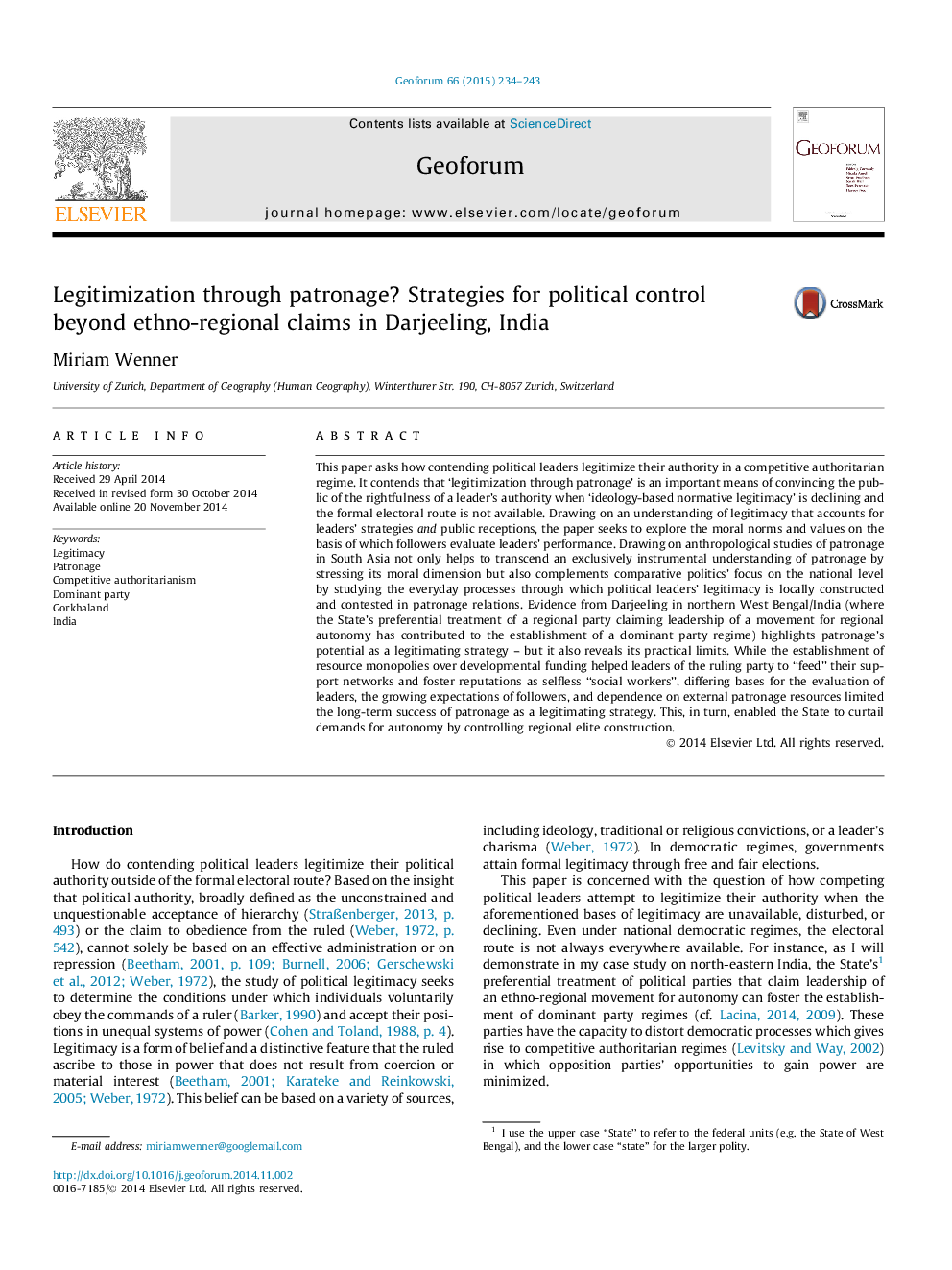 Legitimization through patronage? Strategies for political control beyond ethno-regional claims in Darjeeling, India