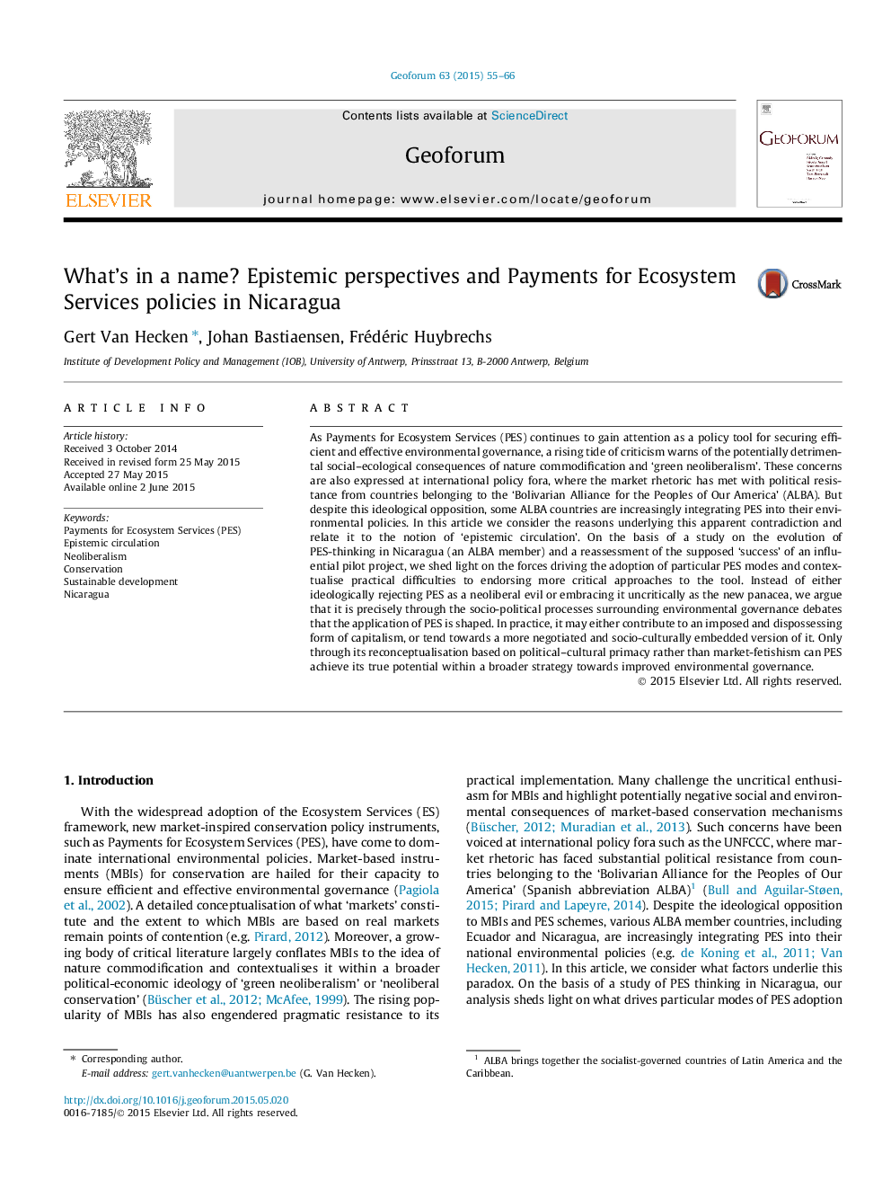 What's in a name? Epistemic perspectives and Payments for Ecosystem Services policies in Nicaragua