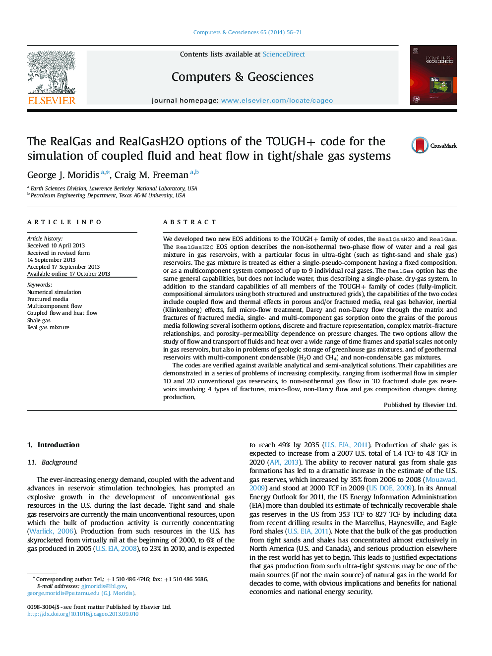 The RealGas and RealGasH2O options of the TOUGH+ code for the simulation of coupled fluid and heat flow in tight/shale gas systems