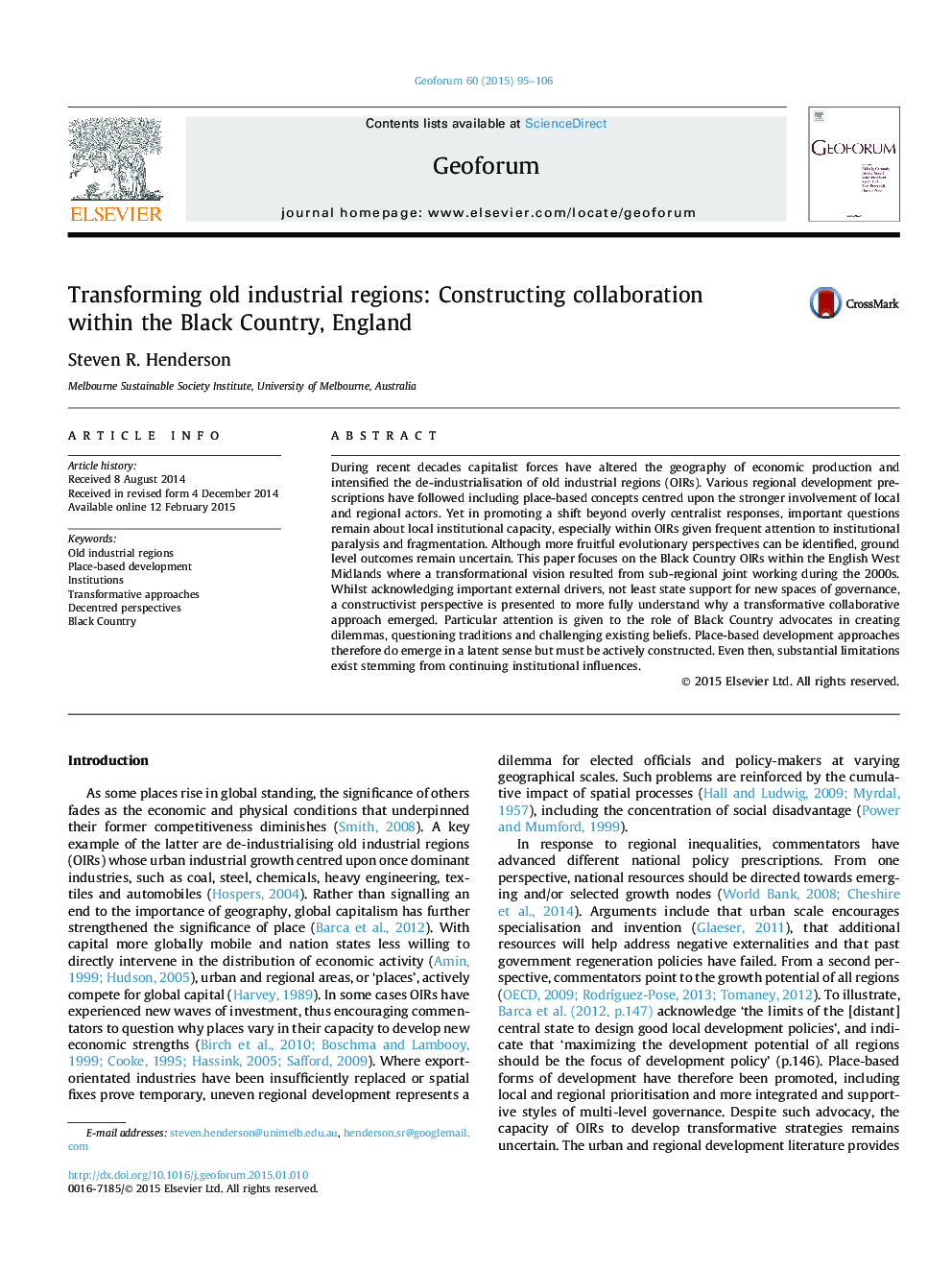 Transforming old industrial regions: Constructing collaboration within the Black Country, England