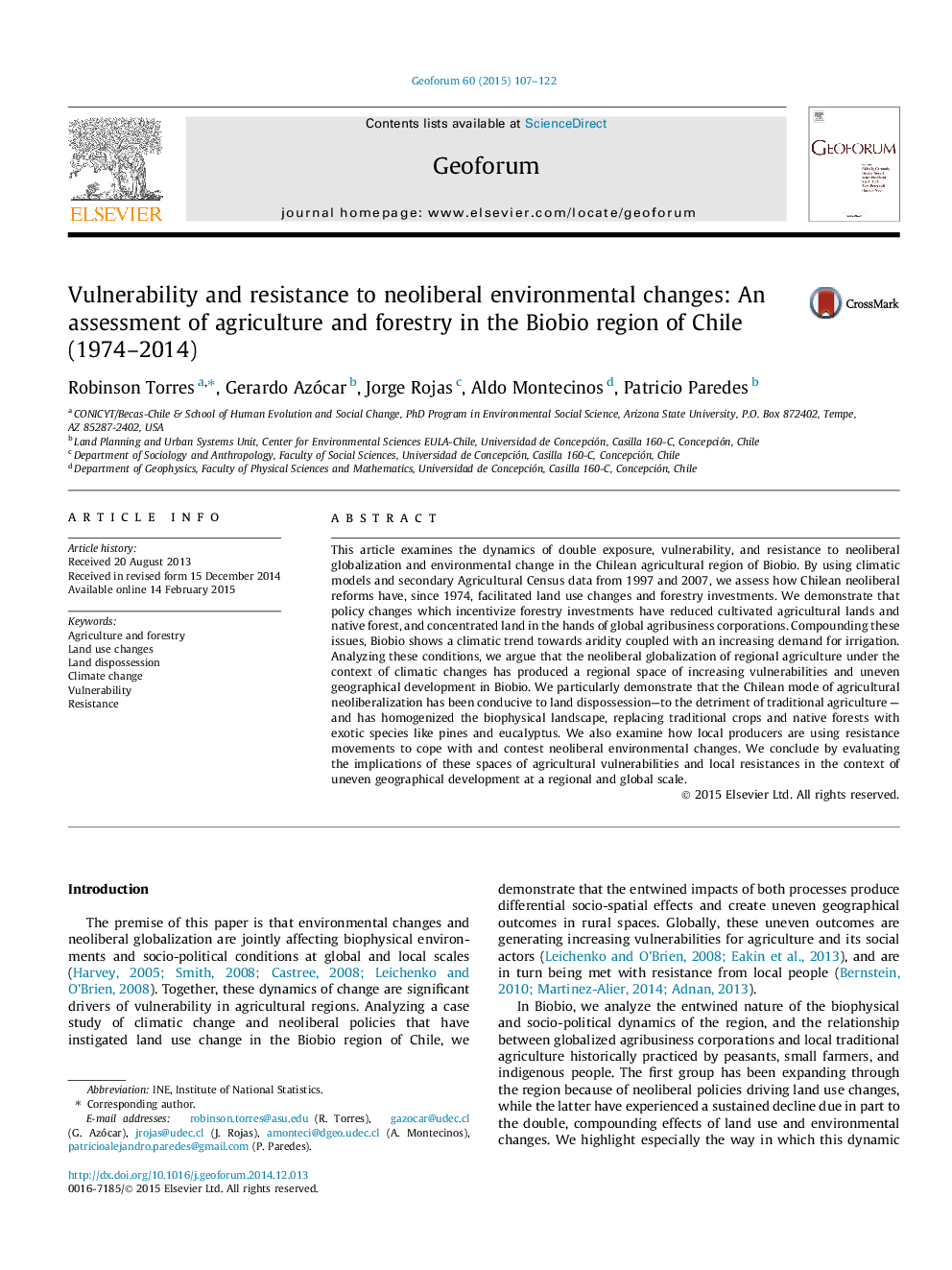 Vulnerability and resistance to neoliberal environmental changes: An assessment of agriculture and forestry in the Biobio region of Chile (1974-2014)