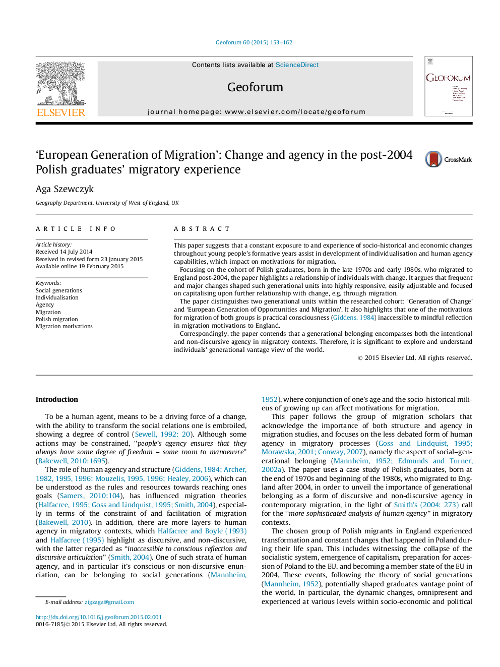 'European Generation of Migration': Change and agency in the post-2004 Polish graduates' migratory experience