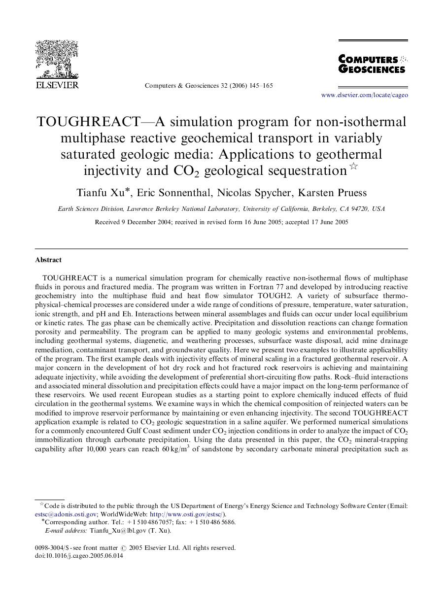 TOUGHREACT—A simulation program for non-isothermal multiphase reactive geochemical transport in variably saturated geologic media: Applications to geothermal injectivity and CO2 geological sequestration 