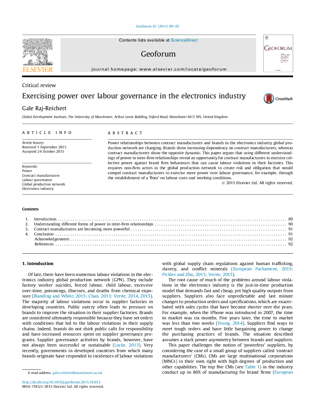 Exercising power over labour governance in the electronics industry