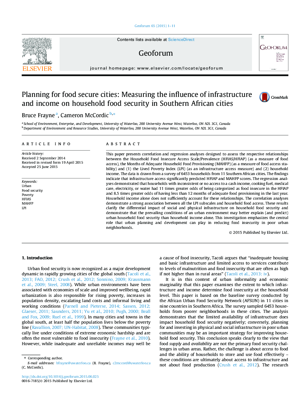 Planning for food secure cities: Measuring the influence of infrastructure and income on household food security in Southern African cities