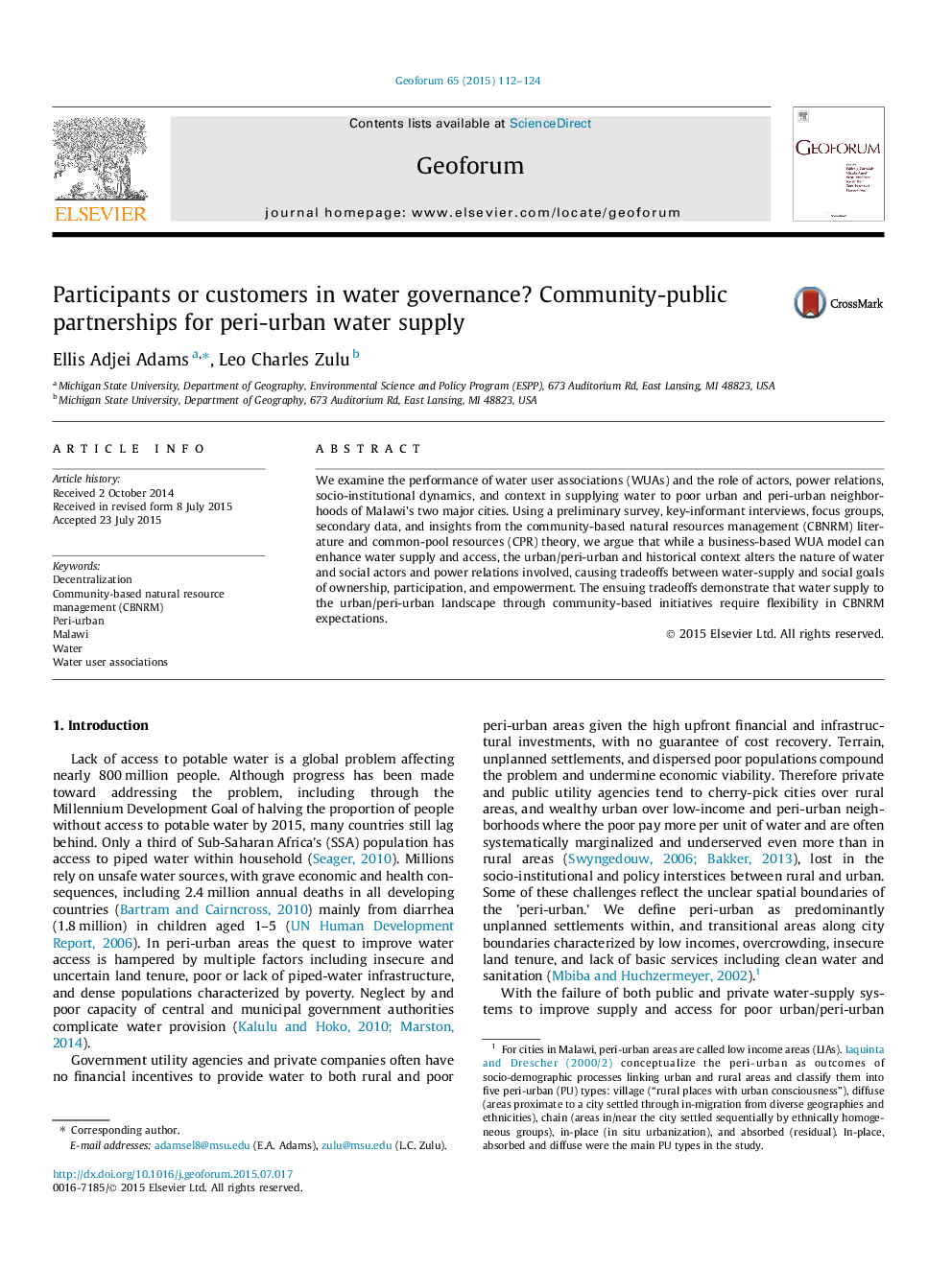 Participants or customers in water governance? Community-public partnerships for peri-urban water supply