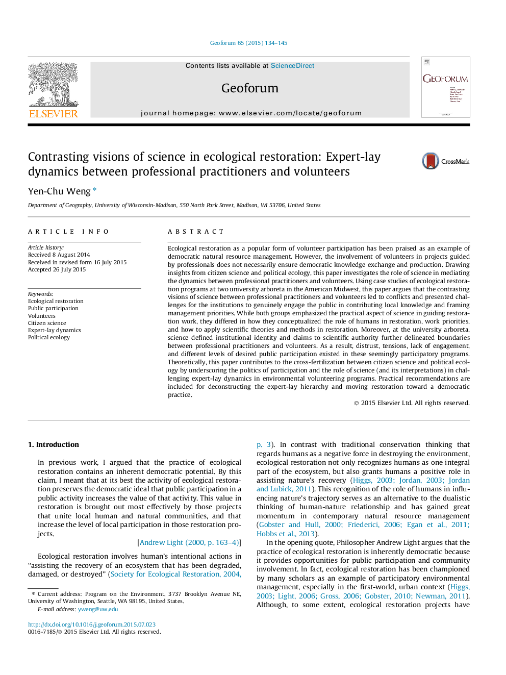 Contrasting visions of science in ecological restoration: Expert-lay dynamics between professional practitioners and volunteers