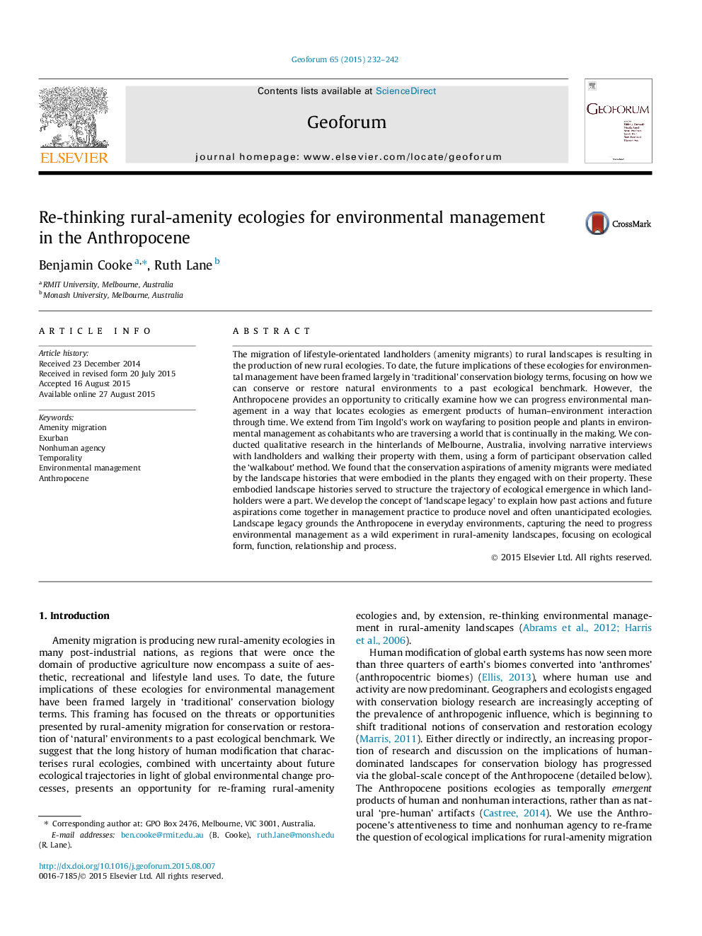 Re-thinking rural-amenity ecologies for environmental management in the Anthropocene